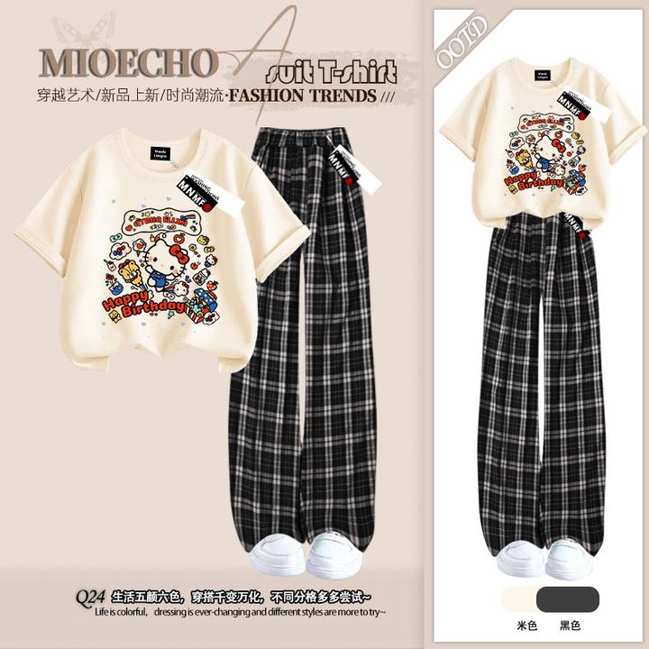 Kitty猫女童短袖T恤套装夏季2025新款阔腿格子裤女大童纯棉两件套