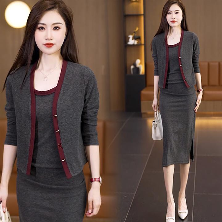 早秋季一整套穿搭高级感无袖连衣裙子女针织短款外套搭配背心长裙