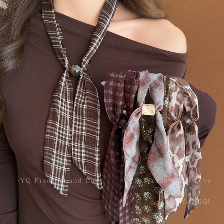 复古格纹腰果花朵抽拉丝巾项链女秋冬系脖长条领巾高级毛衣链配饰