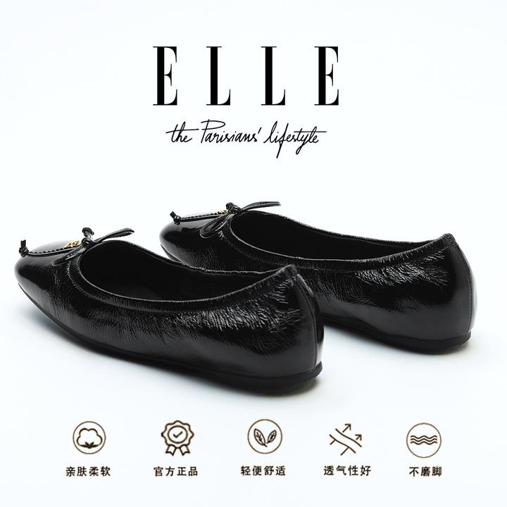 ELLE超柔软羊皮方圆头浅口百搭通勤蝴蝶结单鞋黑色轻芭蕾平底鞋女