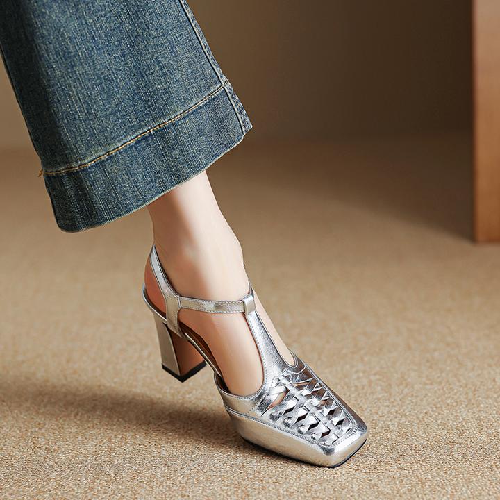 小个子增高8.6cm~法式轻奢包头凉鞋女镂空编织粗跟高跟鞋气质女鞋