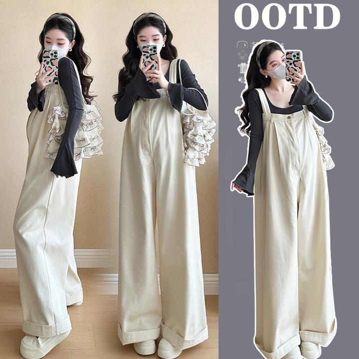 孕妇装秋季新款韩版针织打底衫搭配休闲阔腿背带裤孕妈外穿两件套