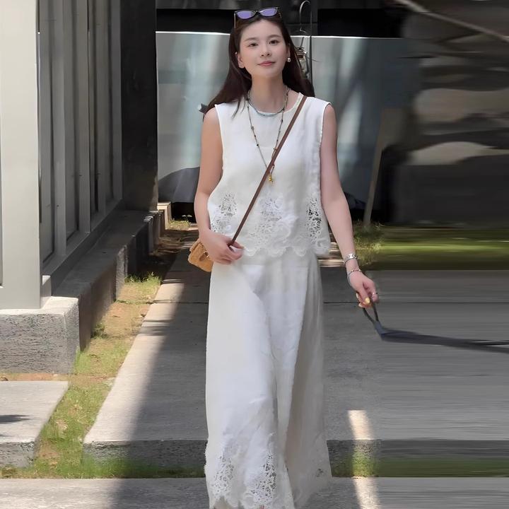 拉夏贝尔法式时尚套装裙女无袖马甲夏季新款蕾丝上衣半身裙两件套