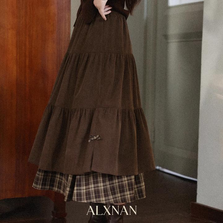 美拉德咖色格纹拼接灯芯绒半身裙女秋冬层次感蝴蝶结撞色中长裙