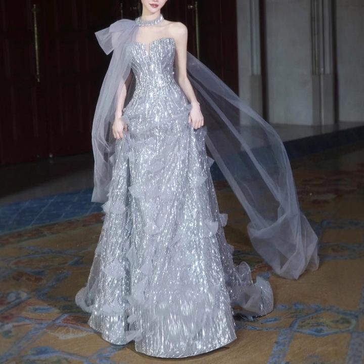 宴会晚礼服2025新款轻奢重工气质亮片主持人演出服生日成人礼礼服