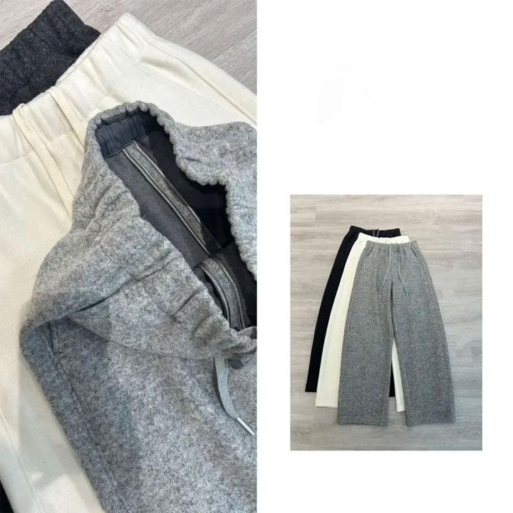 风绵羊毛窄版弯刀裤极简秋冬松紧腰拉绒羊毛裤女百搭休闲香蕉裤女
