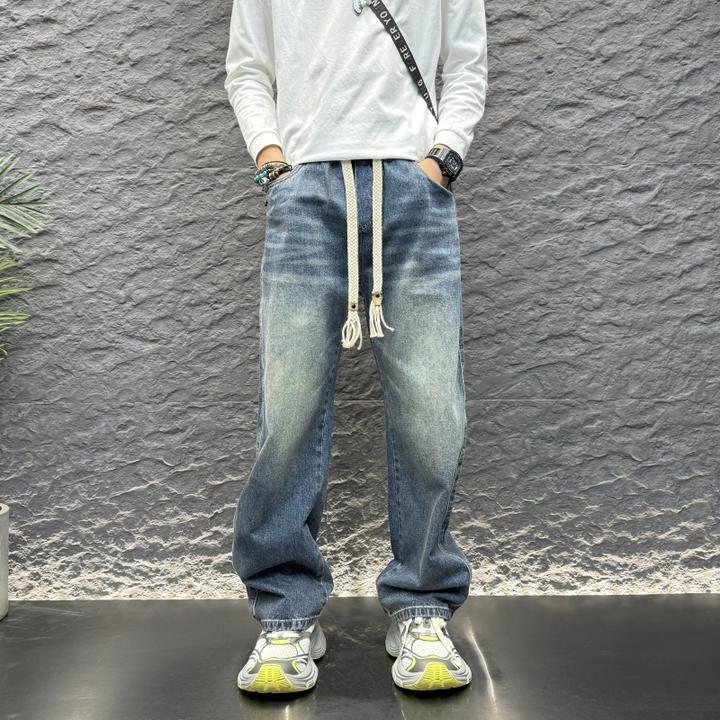 纯色蓝色松紧腰抽绳宽松牛仔阔腿裤新款男士男士蓝色松紧腰牛仔裤
