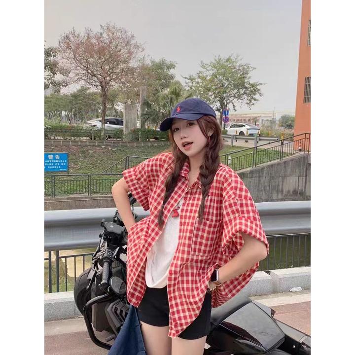 红色格子衬衫慵懒风短袖POLO领衬衣女夏季宽松衫休闲开衫上衣