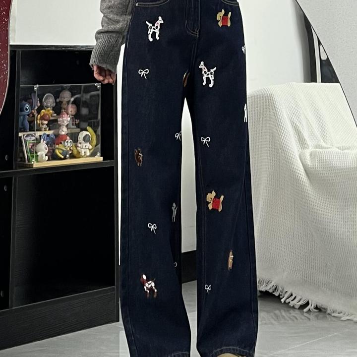 微胖mm蝴蝶结小狗刺绣拖地牛仔裤女春季高腰设计感深蓝色直筒裤子