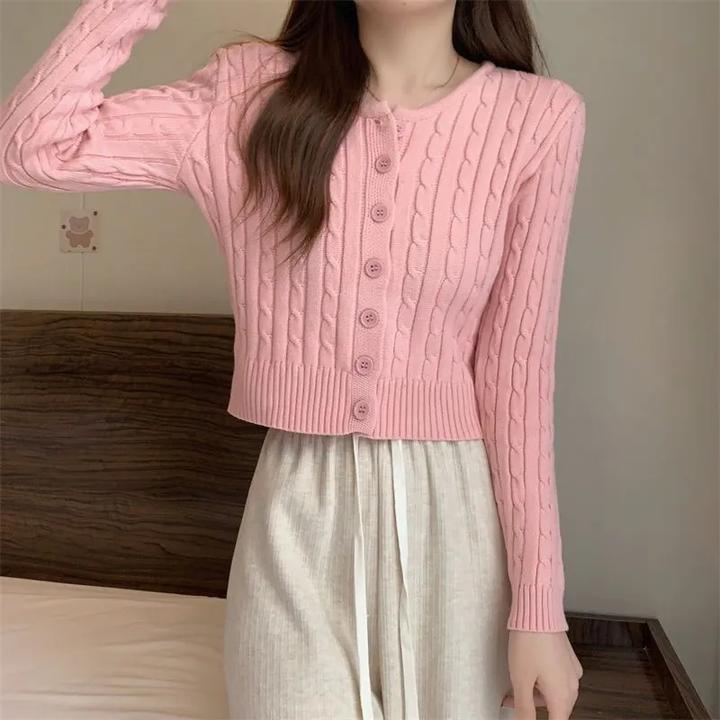 复古麻花长袖紧身针织开衫毛衣女2025秋季新款内搭洋气短款上衣潮