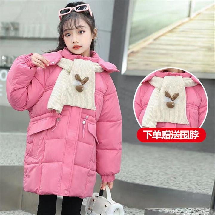 女童围巾棉服冬装2024新款洋气加厚加绒棉衣爆款可爱棉袄
