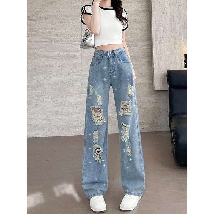 烫钻破洞直筒牛仔裤女秋季高腰遮腿型2025流行美式辣妹窄版阔腿裤