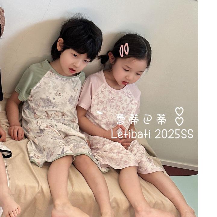 【睡袋】莫代尔短袖森系北欧风居家服儿童夏款无感印花连体潮牌童装