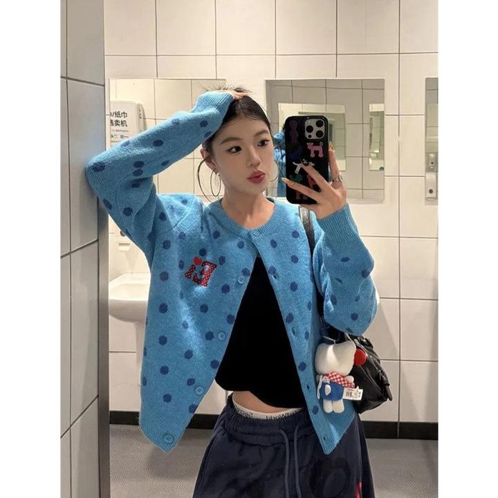 美式复古蓝色波点圆领开衫毛衣外套女大码秋短款软糯慵懒风针织衫