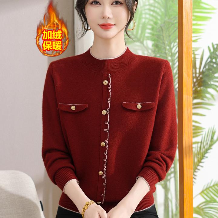 妈妈冬装2025新款时尚小香风加绒毛衣中老年女冬季加厚打底衫上衣