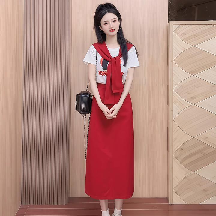 时尚百搭套装女2025夏季新款休闲百搭印花短袖t恤半身裙两件套