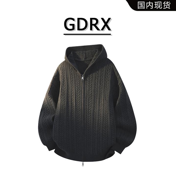 GDRX连帽毛衣男2025冬季新款提花肌理感开衫外套男生高级感衣服