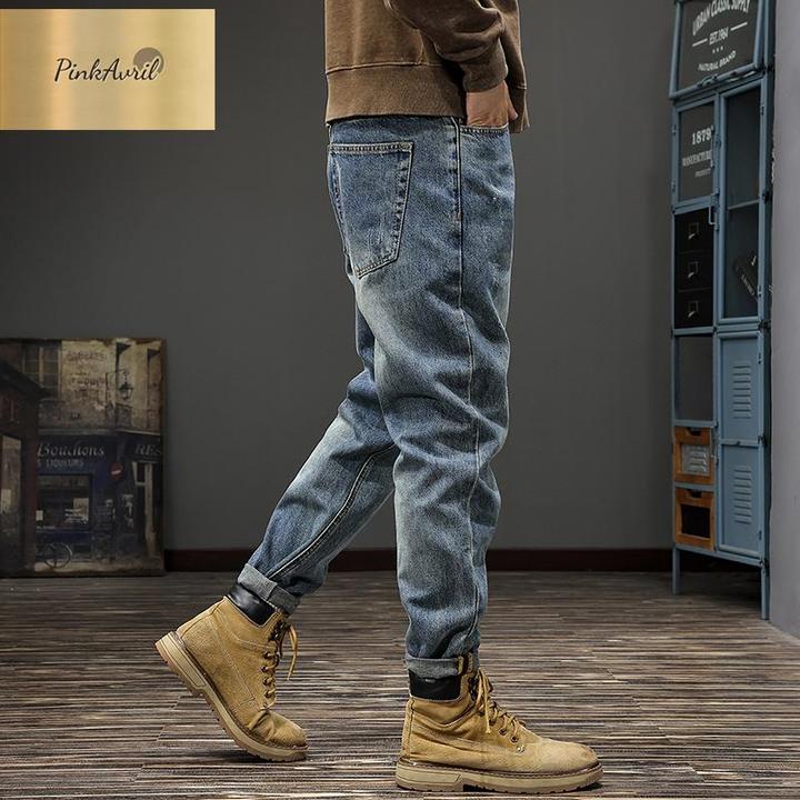 PinkAvril2025春秋美式痞帅美式牛仔裤男潮牌水洗刮烂微锥长裤宽