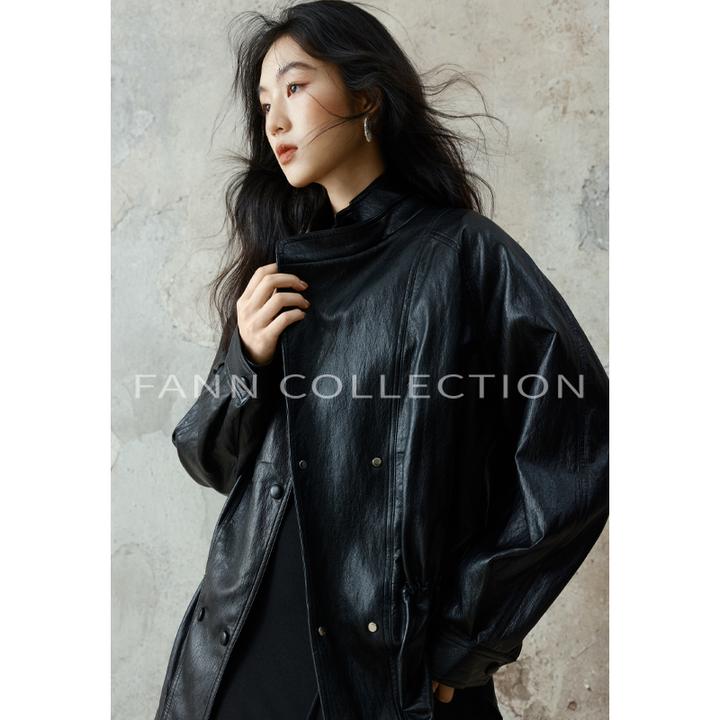 饭饭FANN COLLECTION 黑骑士 蛋白皮气质立领皮衣短外套FANND067