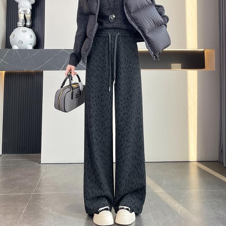 加绒豹纹阔腿裤女秋冬季2025新款加厚密密绒郑州女裤休闲直筒裤子