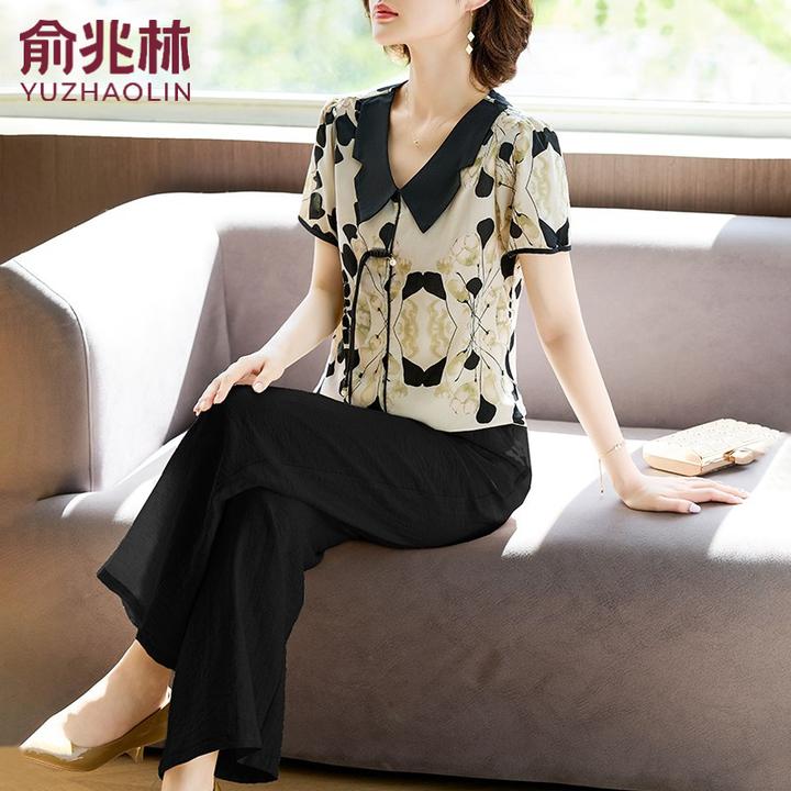 中年妈妈夏装套装时尚洋气雪纺短袖2025新款减龄T恤衫两件套上衣