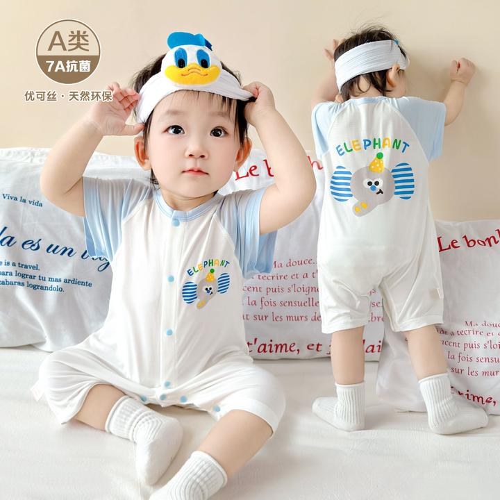 婴儿夏季薄款短袖连体衣男女宝宝外出卡通短爬优可丝无骨款