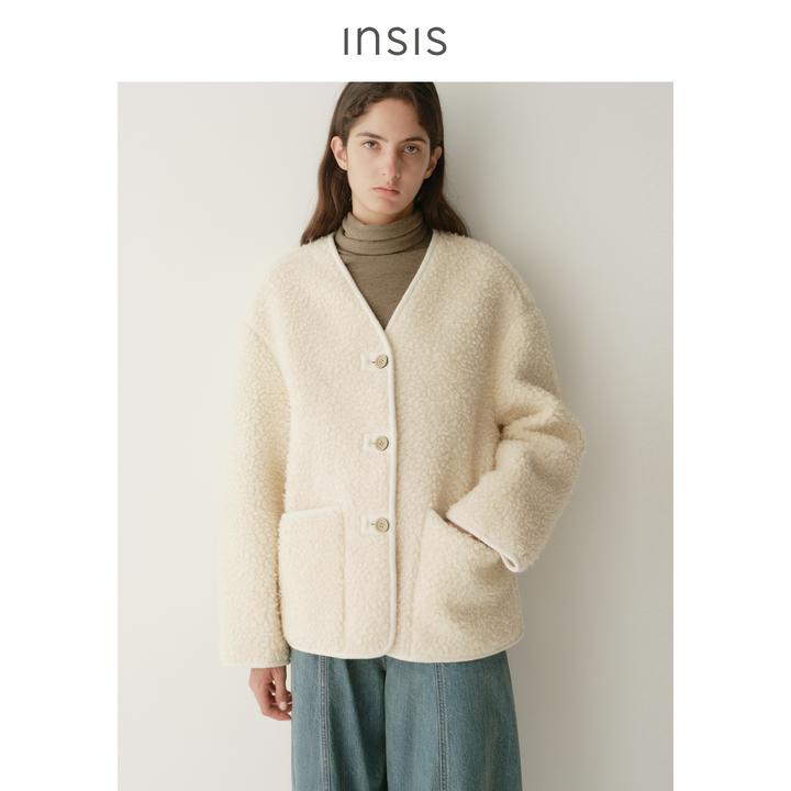 INSIS FEMME绵羊毛2025冬新款文艺V领针织包边短款直身羊羔外套女