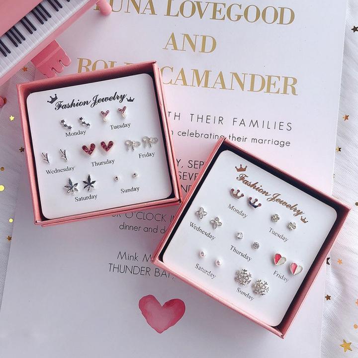 合金合成锆石耳饰 【7对装】耳钉女学生韩版简约小巧可爱套装组合耳