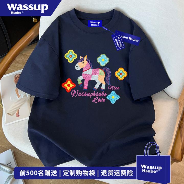 WASSUP HSUBE卡通小马印花趣味高街短袖男夏季嘻哈潮牌藏青色上衣
