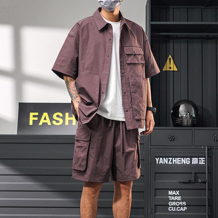 彦正2025夏季新款美式复古工装衬衫短裤套装男潮流口袋设计感休闲