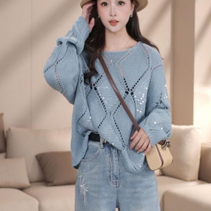 新款小众高级甜美气质镂空亮片菱格套头衫休闲宽松女秋冬单穿毛衣