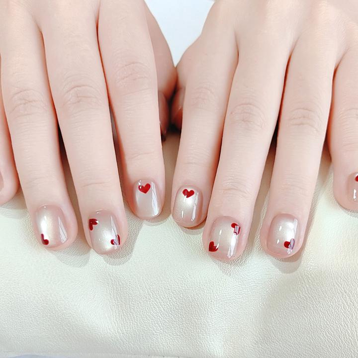 【爱心猫眼】纯手绘纯手工穿戴甲片爆闪钻裸色指甲贴