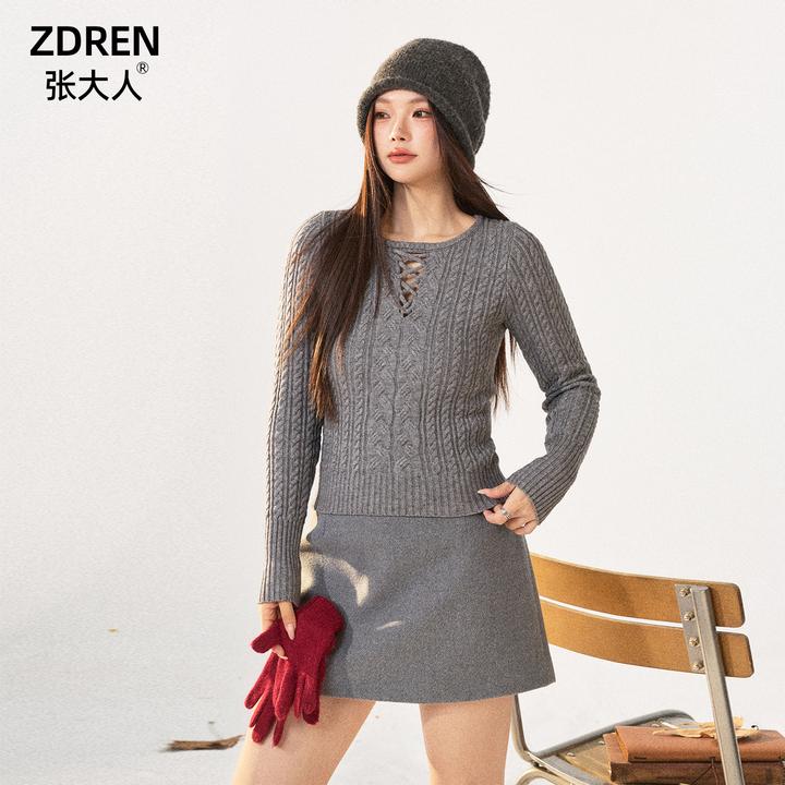 张大人【挪威雪山】大码女装微胖妹妹高智感修身灰调麻花针织衫套装