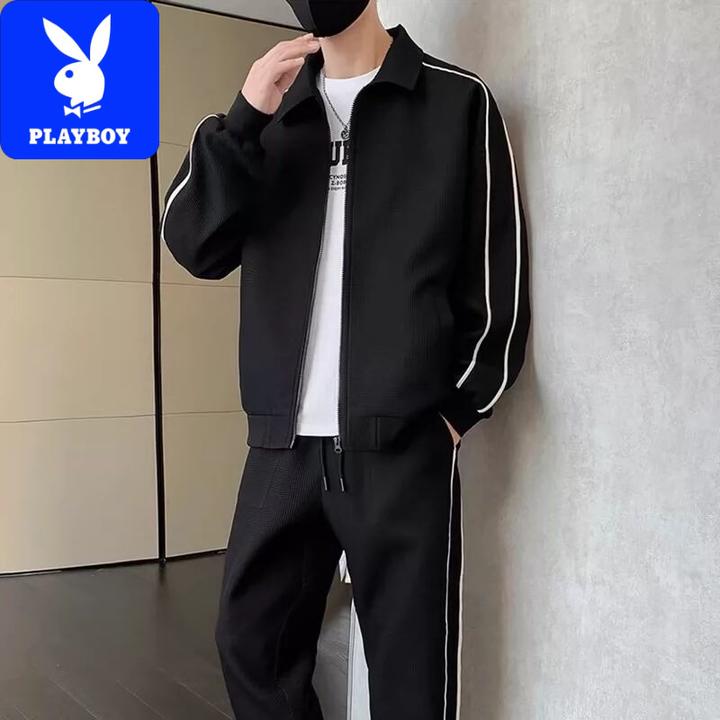 花花公子休闲套装男士春季宽松帅气夹克潮流搭配黑色运动服一套男