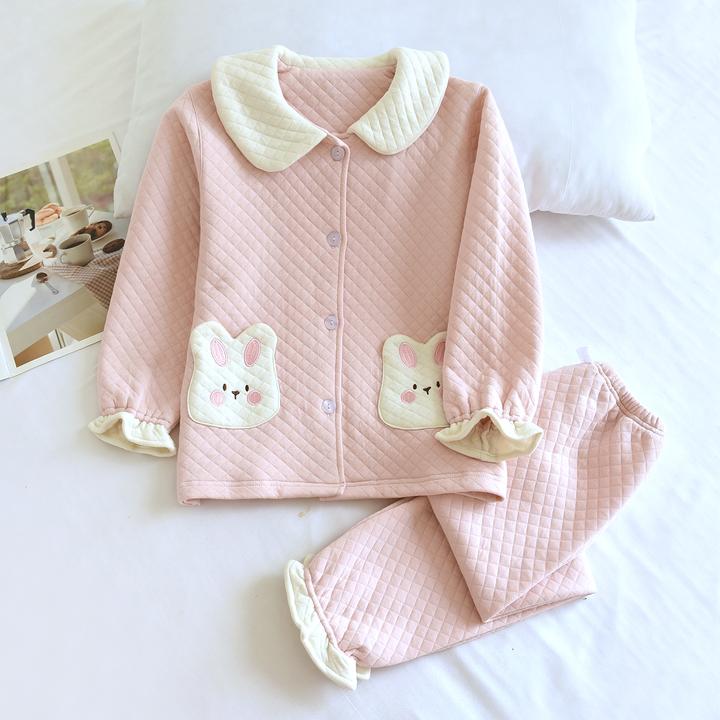 2025新款原创纯粉兔儿童秋冬纯棉空气棉睡衣套女童三层保暖家居服