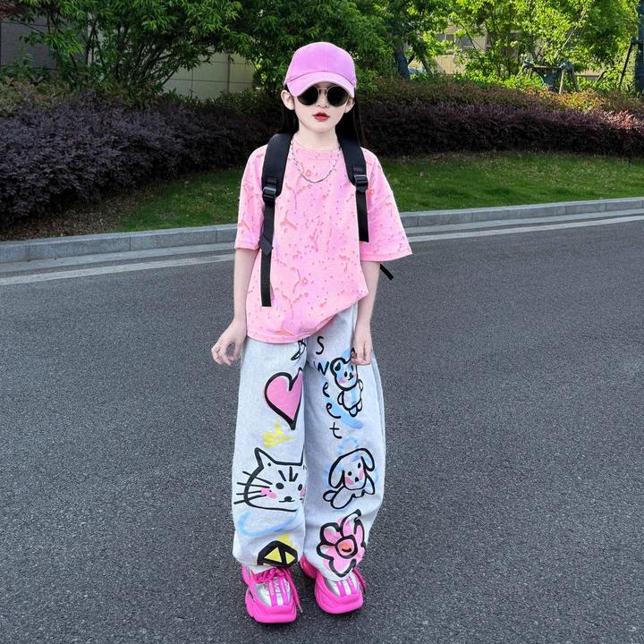 女童2025夏季新款小众时尚印花高腰显瘦阔腿裤烧花短袖T恤两件套