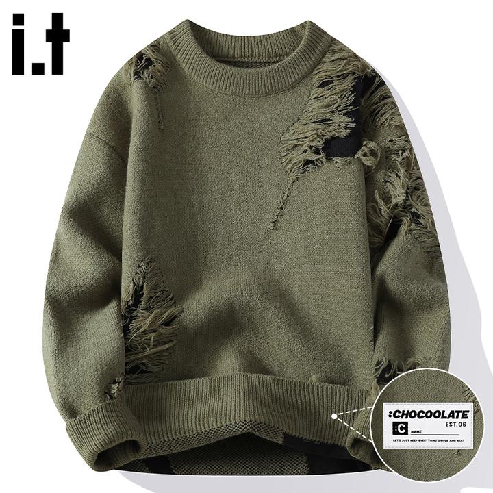 it :CHOCOOLATE慵懒风舒适套头毛衣男秋季潮流破洞设计感针织外套