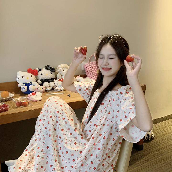 大码韩版甜美小草莓夏季睡裙中长款睡裙法式时尚轻薄透气宽松睡裙