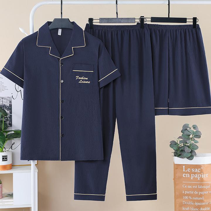 2025年新男士夏薄款睡衣云朵棉纯棉短袖三件套大码男生家居服套装