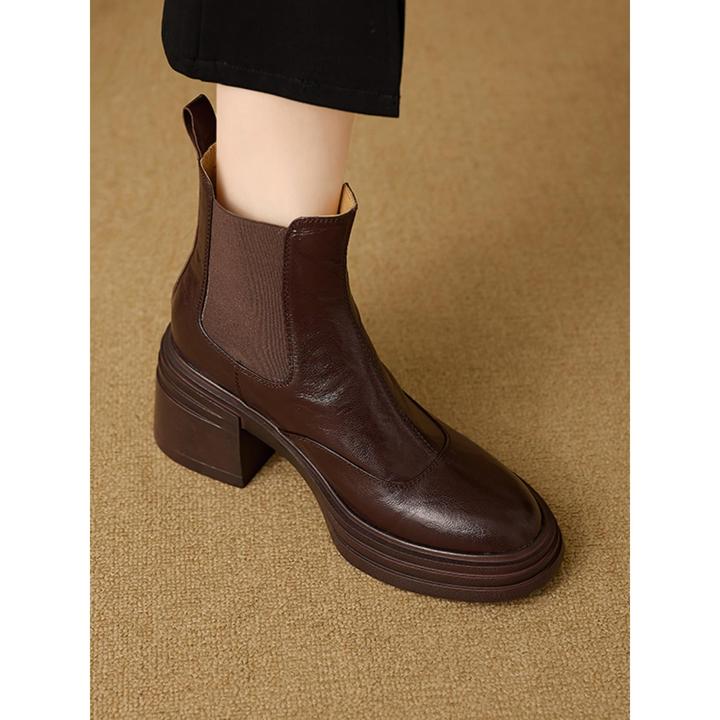 复古厚底切尔西棕色短靴女2025新款秋冬真皮粗高跟加绒马丁靴