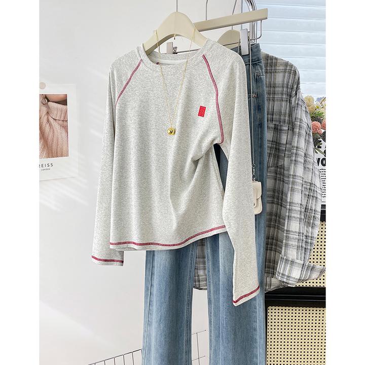 设计感明线装饰刺绣圆领长袖T恤女秋季新款休闲时尚打底衫上衣潮