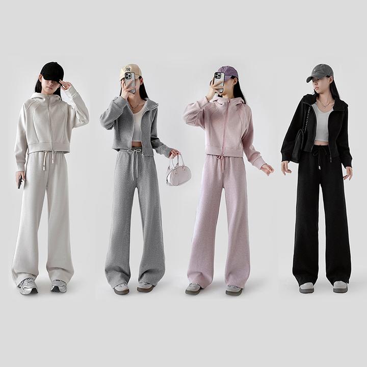 【特价】加厚纯色连帽宽松卫衣套装女休闲时尚高腰显瘦外套运动长袖