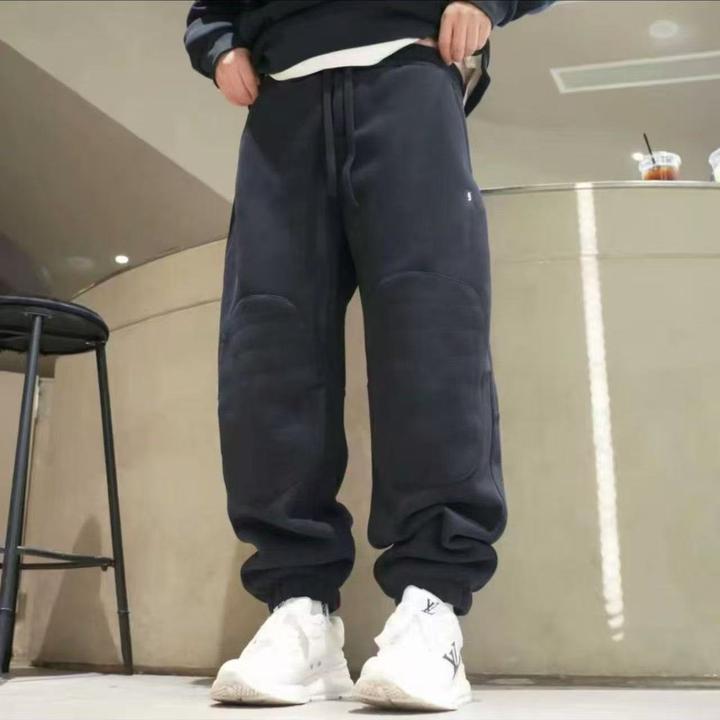 冬季潮流男士加绒束脚裤痞帅美式弯刀休闲裤时尚拼接宽松运动卫裤