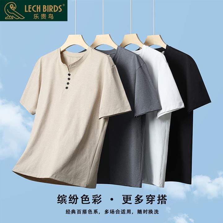 乐贵鸟男士圆领美式纽扣亨利领短袖T恤时尚男装运动纯色半袖G33