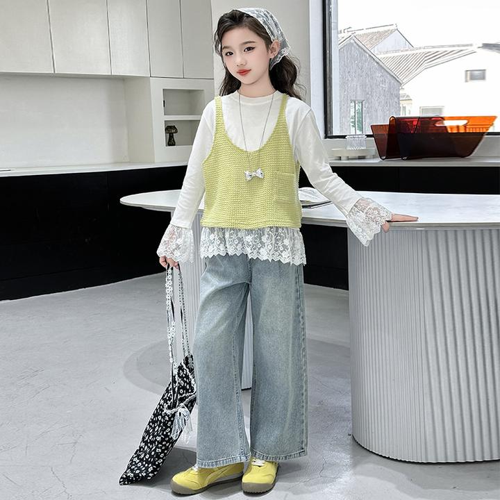 女童春款洋气女大童春秋韩版背心蕾丝拼接打底衫牛仔裤休闲三件套