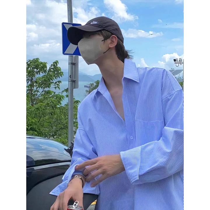 蓝色竖条纹长袖衬衫男女春秋慵懒松弛感穿搭美式复古少年感外套薄