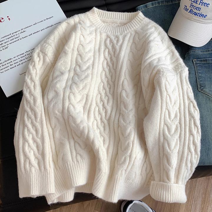 白色麻花毛衣女秋冬内搭加厚宽松慵懒风圆领针织衫小个子打底上衣