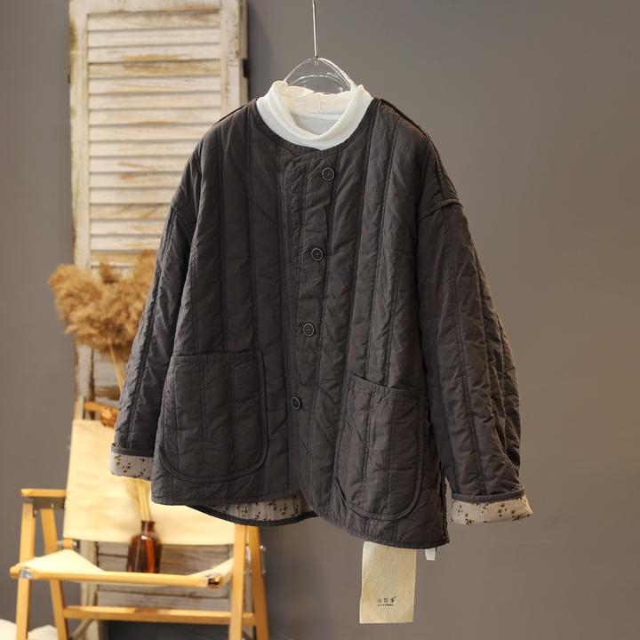 2025年上新冬季时尚麻味宽松休闲夹棉外套纯色口袋文艺日系棉服女