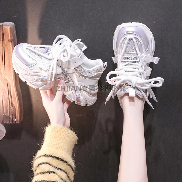 网红时尚亮片新款老爹鞋女款2026秋冬加绒保暖厚底百搭休闲运动鞋