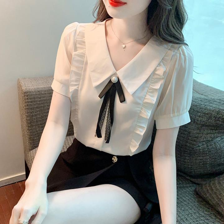 小个子夏季2025年新款法式娃娃领雪纺衬衫女士荷叶边减龄短袖衬衣